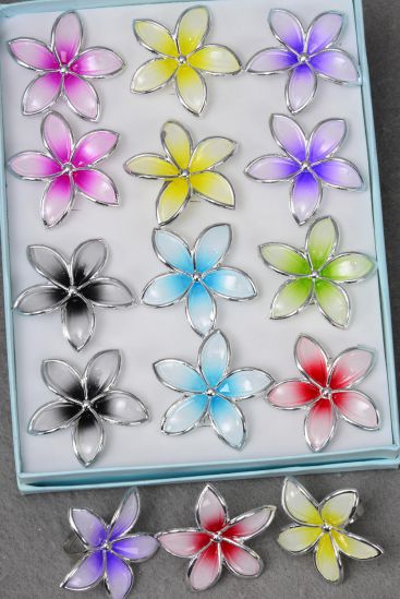 Rings Poly Flower Gradient Pastel Color Asst / 12 pcs = Dozen Adjustable , Flower Size - 1.5" Wide , 2 Fuchsia , 2 Purple , 2 Yellow , 2 Blue , 2 Black , 1 Red , 1 Lime Color Mix