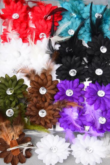Flowers 24 pcs Feather Daisy Flowers Multi / 24 pcs Flower = Dozen Alligator Clip , Flower-2.75" , 2 Black , 2 Blue , 2 White , 2 Purple , 2 Red , 1 Brown , 1 Olive Color Asst , Display Card & UPC Code , W Clear Box