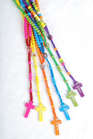 Necklace Wooden Beads Crucifix Mother Virgin Mary Rosary Multi / 12 pcs = Dozen Multi , 32" Long , 2 of each Color Asst , Hangtag & Opp bag & UPC Code