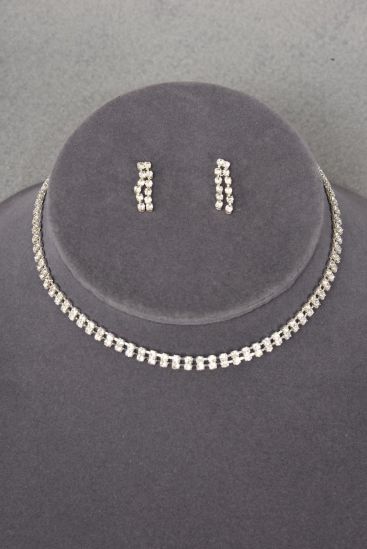 Necklace Choker Double Rhinestones Post Silver / 12 pcs Sets = Dozen Silver , Post , Size -16" W Extension Chain , Display Card & OPP bag & UPC Code 