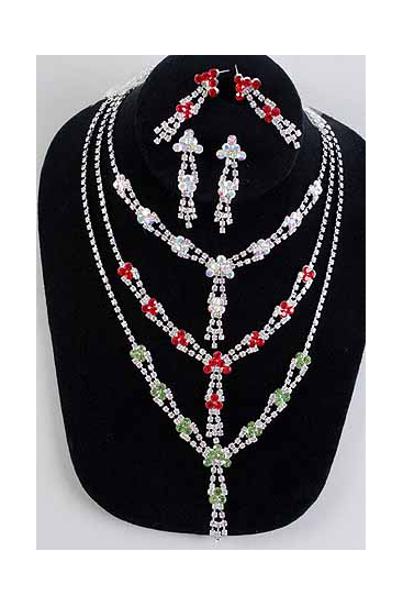 Necklace Sets Rhinestone Flowers / 12 Sets = Dozen Post , Size -18" Extension Chain , Black Velvet Display Card & OPP Bag & UPC Code , Choose Colors