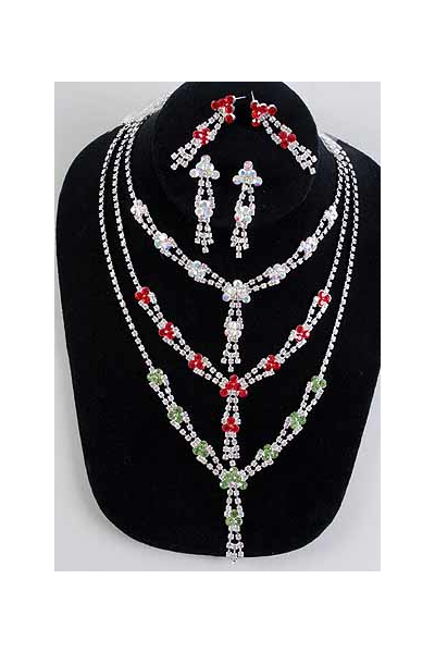 Necklace Sets Rhinestone Flowers / 12 Sets = Dozen Post , Size -18" Extension Chain , Black Velvet Display Card & OPP Bag & UPC Code , Choose Colors