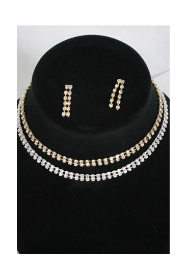 Necklace Sets Choker Silver Double Line Rhinestones Gold Silver Asst / 12 pcs Sets = Dozen Asst , Post , Size -16" W Extension Chain , 6 Gold , 6 Silver Asst , Velvet Display Card & OPP bag & UPC Code