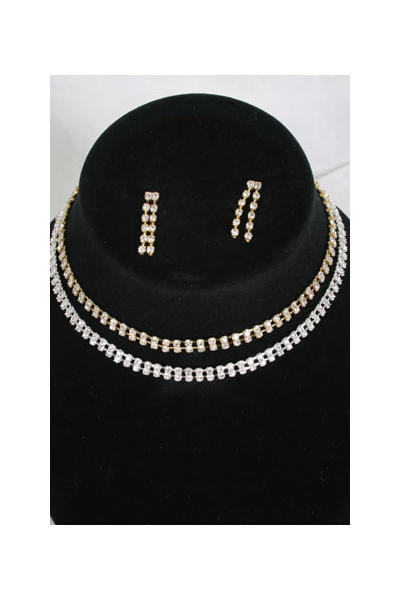Necklace Sets Choker Double Line Rhinestone Post / Sets  Post , Size - 16" W Extension Chain , Choose Gold Or Silver Finish , Display Card & OPP bag & UPC Code 