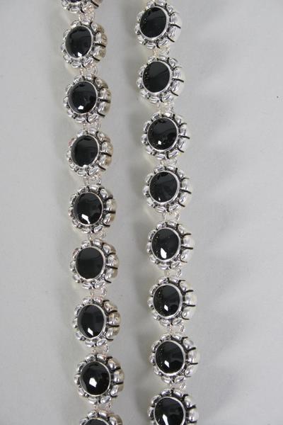 Bracelet Epoxy BlacK Silver Flower Link/PC Size-7" Long,Display Card & OPP Bag & UPC Code