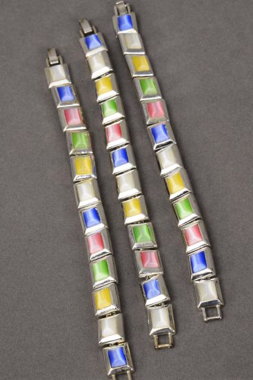 Bracelet Cateye Oblong Silver Pastel / PC Pastel ,  Size - 7" Long , Display Card & OPP Bag 