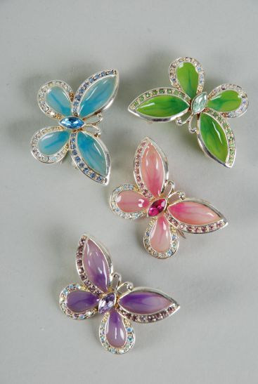 Brooch Butterfly Rhinestones Pink / 12 pcs = Dozen Pink , Size - 1" x 1.5" wide , Display Card & OPP Bag , Choose colors