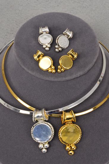 Necklace Sets Choker Flexible Oval Pendant Post / 12 Sets = Dozen Post , 16" Choker , Flexible , Display Card & OPP bag & UPC Code , Choose Gold Or Silver Finish