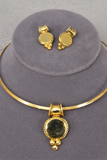 Necklace Sets Gold Choker Round Pendent / Sets Gold , Post , 16" Choker , Flexible , Display Card & OPP bag & UPC Code