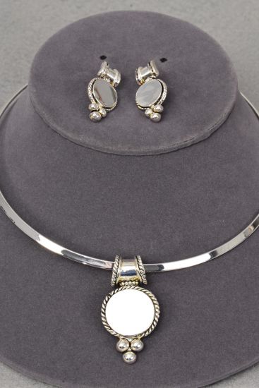 Necklace Sets Silver Choker Round Pendent / Sets Silver , Post , 16" Choker , Flexible , Display Card & OPP bag & UPC Code