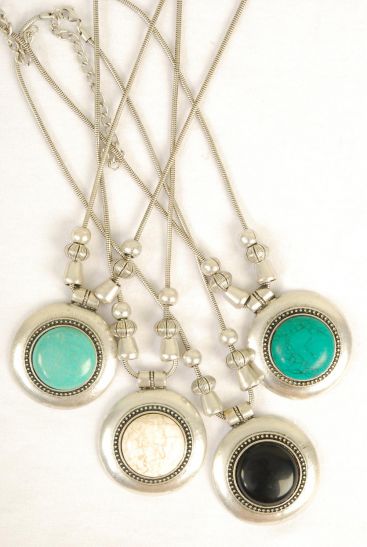 Necklace Snake Chain w Real Semiprecious Stone Pendant / 12 pcs = Dozen Size - 18" Long Extension Chain , Pendant Size - 2" Wide , Hang tag & Opp Bag & UPC Code , Choose Colors