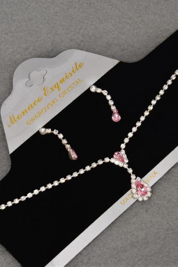 Necklace Sets Choker Rhinestones Post Pink / 12 Sets = Dozen Pink , Post , Size - 16" Extension Chain , Velvet Display Card & OPP Bag & UPC Code