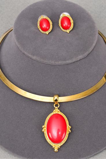 Necklace Sets Choker Flexible Poly Pendant Post Gold Red / 12 Sets = Dozen  Red , Post , Size -16" Wide , Flexible , Display Card & Opp Bag & UPC Code 
