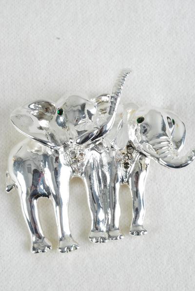 Brooch Silver 2 Elephants / PC Size- 2.75" x 2" Wide , Display Card & OPP bag & UPC Code