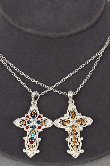 Necklace Cross Iridescent Rhinestones / 12 pcs = Dozen Cross Size - 2" x 1.5" Wide , 24'' Chain , Hang Tag & OPP Bag & UPC Code , Choose Colors