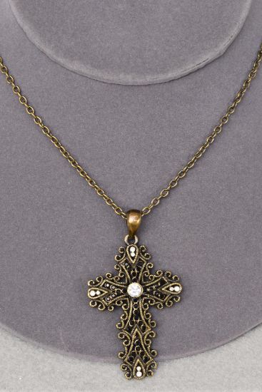 Necklace Antique Filigree Rhinestone Cross Black / 12 pcs = Dozen Black , Cross Size - 2" x 1.5" Wide , 24'' Chain , Hang Tag & OPP Bag & UPC Code