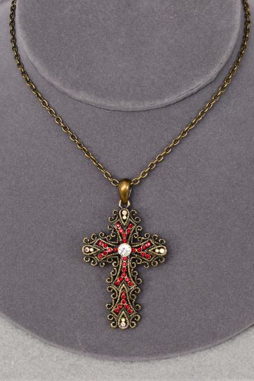 Necklace Antique Filigree Rhinestone Cross Red / 12 pcs = Dozen Red , Cross Size - 2" x 1.5" Wide , 24'' Chain , Hang Tag & OPP Bag & UPC Code