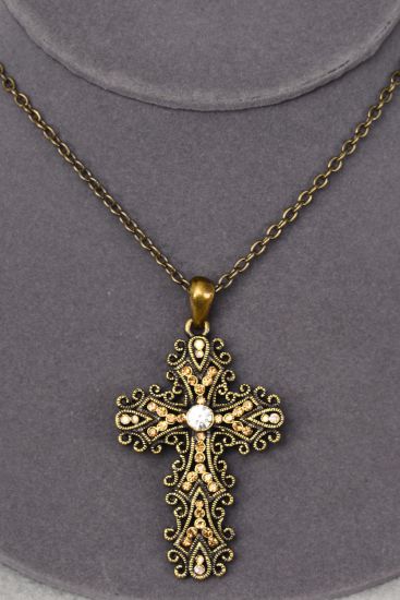 Necklace Antique Filigree Rhinestone Cross Smoke Topaz / 12 pcs = Dozen Smoke Topaz , Cross Size - 2" x 1.5" Wide , 24'' Chain , Hang Tag & OPP Bag & UPC Code