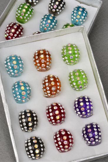 Rings Acrylic Dome Rhinestones Transparent Multi / 12 pcs = Dozen Transparents Multi - Size - 7  8  9 Mix , 2 of each Color Asst , 1 DZ Velvet Ring Display Box OPP Bag UPC Code
