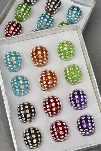 Rings Acrylic Dome Rhinestones / 12 pcs = Dozen Size - 7  8  9 Mix , Choose Colors , Velvet Ring Display Box & OPP Bag & UPC Code 