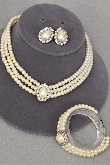 Necklace Sets 3 pcs Sets Pearl 3 String Teardrop Silver / Set Silver , Post ,  Black Velvet Display Card & OPP Bag & UPC Code