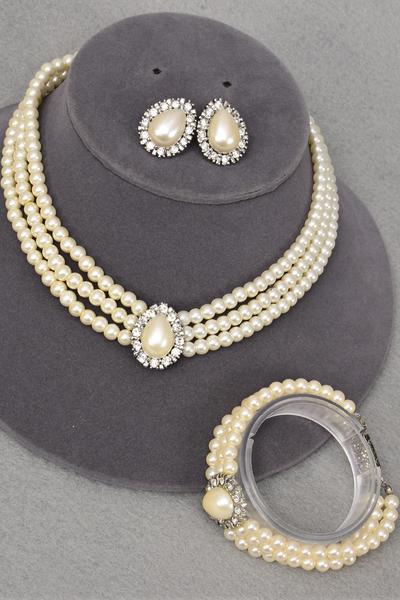 Necklace Sets 3 pcs Sets Silver Teardrop Pearl 3 String Pearl Rhinestones / Sets Post , Black Velvet Display Card & OPP Bag & UPC Code