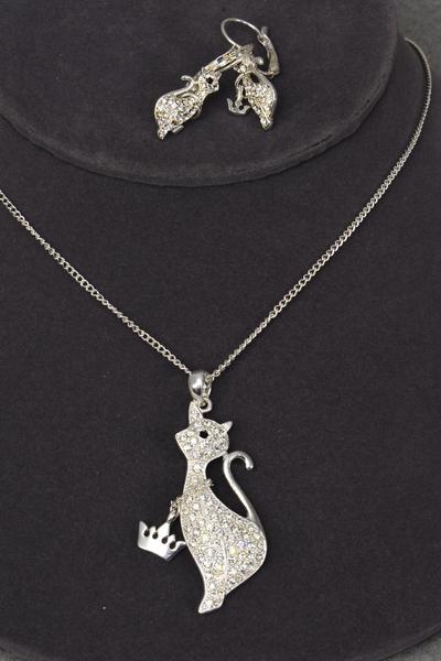 Necklace Sets Cat W Rhinestone Post / 12 Sets = Dozen Post , Cat Size - 2" x 0.75", Display Card & OPP Bag & UPC Code