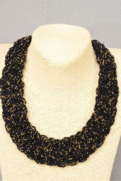 Necklace Woven Indian Beads Black / Pc Black , Size - 18" Extension Chain , Display Card & OPP Bag & UPC Code