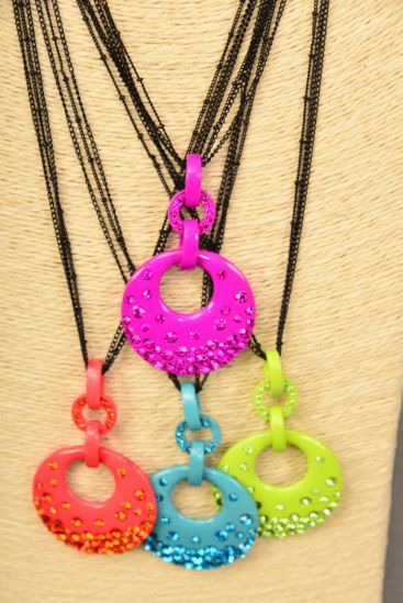 Necklace Thin Black Chains Color Pendant Rhinestones / PC  Pendant - 3" x 1.75" Wide , Chain - 24" Long Extension Chain , Hang tag & OPP Bag , Choose Colours