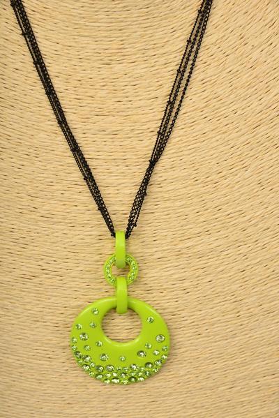 Necklace Thin Black Chains Color Pendant Rhinestones / PC  Pendant - 3" x 1.75" Wide , Chain - 24" Long Extension Chain , Hang tag & OPP Bag , Choose Colours