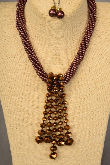 Necklace Sets Purple Pearl w Glass Crystal Drop Mix / 12 sets = Dozen Purple , Size - 18" Extension Chain , Hang Tag & OPP Bag & UPC Code