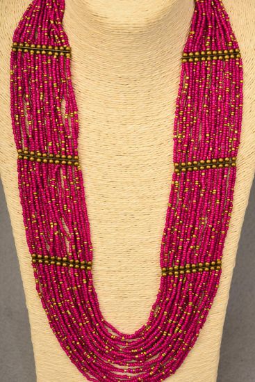 Necklace Indian Beads Brass Findings Fuchsia / PC Fuchsia , Size - 24" Long , Display Card & OPP Bag & UPC Code