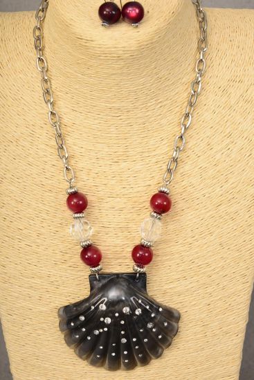 Necklace Sets Poly Shell Pendant Rhinestones / Sets Pendant - 3"x 2.5" Wide , Chain - 18" W Extension Chain , Hang Tag & OPP Bag