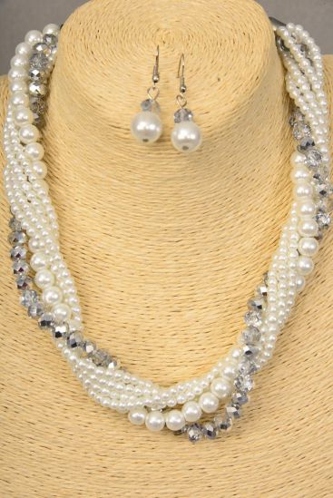 Necklace Sets White Pearls W Glass Crystal Mix / Sets White , 18" W Extension Chain , Hang Tag & Opp bag & UPC Code