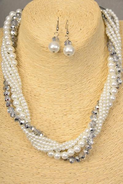 Necklace Sets White Pearls W Glass Crystal Mix / Sets White , 18" W Extension Chain , Hang Tag & Opp bag & UPC Code