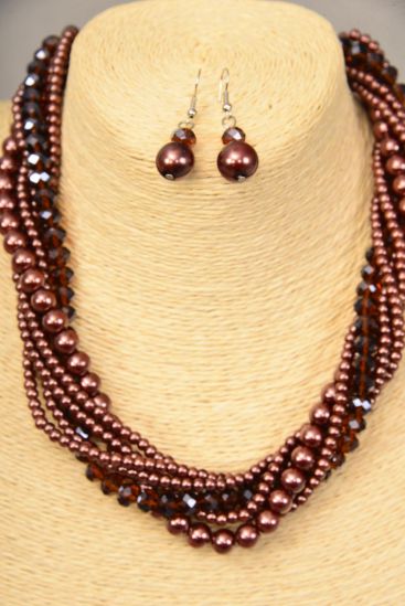 Necklace Sets Brown Pearls W Glass Crystal Mix / Sets Size - 18" W Extension Chain , Hang tag & Opp bag & UPC Code 