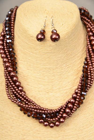 Necklace Sets Brown Pearls W Glass Crystal Mix / Sets Size - 18" W Extension Chain , Hang tag & Opp bag & UPC Code 