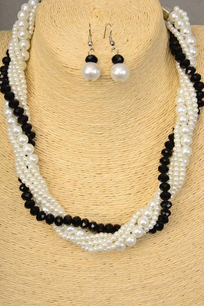 Necklace Sets White Pearls W Black Glass Crystal Mix / Sets Black White Mix , 18" long W Extension Chain , Hang tag & Opp bag & UPC Code 