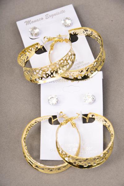 Earrings Gold 2 pair Filigree Hoop Clear Rhinestone Studs Mix Gold / 12 pair = Dozen  Hoop Size - 1.75" Wide , Earring Card & OPP bag & UPC Code , 12 Card = Dozen