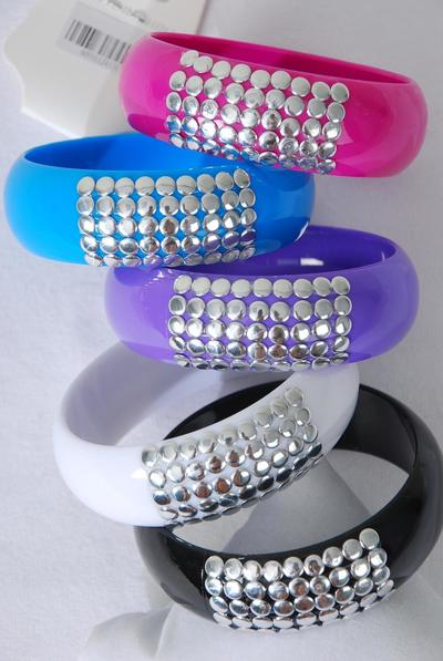 Bracelet Bangle Acrylic Silver Studded Multi / 12 pcs = Dozen  Multi , Size - 2.75" x 1" Wide , 4 Black , 2 White , 2 Fuchsia , 2 Blue , 2 Lavender Color Mix , Hang tag & OPP Bag & UPC Code