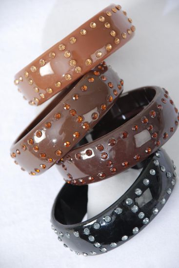 Bracelet Bangle Acrylic Clear Stone All Around Brown Tone Mix / 12 pcs = Dozen Size -2.75" x 1"  Dia Wide , 3 Black , 3 Dark Brown , 3 Medium Brown , 3 Light Brown Asst , Hang Tag & OPP Bag & UPC Code