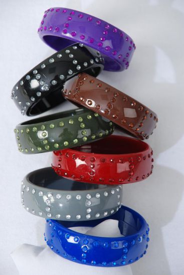 Bracelet Bangle Acrylic Color Stones All Around Dark Multi / 12 pcs = Dozen Size - 2.75" x 1" Dia Wide , 2 Black , 2 Brown , 2 Olive , 2 Royal Blue , 2 Burgundy , 1 Purple , 1 Gray Color Asst , Hang Tag & OPP Bag & UPC Code