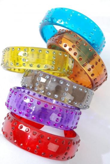 Bracelet Bangle Acrylic Dark Transparent Color Stone All Around / 12 pcs = Dozen Transparent , Size - 2.75" x 1" Dia Wide , 2 of each Color Asst , Hang Tag & OPP Bag & UPC Code 