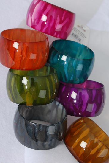 Bracelet Bangle Acrylic Wide Transparent Stripe Multi / 12 pcs = Dozen Multi , Size - 2.75" x 1.75" Dia Wide , 2 Black , 2 Purple , 2 Blue , 2 Fuchsia , 2 Yellow , 1 Green , 1 Orange Mix , Hang Tag & OPP Bag & UPC Code