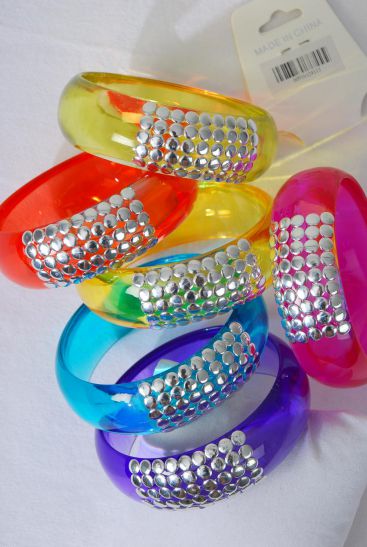 Bracelet Bangle Acrylic Transparent Silver Studded Multi / 12 pcs = Dozen  Multi , Size - 2.75" x 1" Wide , 2 Of each Color Asst , Hang Tag & OPP Bag & UPC Code