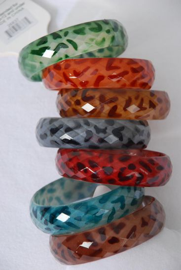 Bracelet Bangle Acrylic Diamond Cut Leopard Print Multi / 12 pcs = Dozen  Size - 2.75" x 1" Wide , 2 Brown , 2 Blue , 2 Burgundy , 2 Black , 2 Light Brown , 1 Green , 1 Orange Color Asst , Hang Tag & OPP Bag & UPC Code