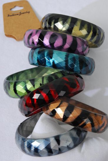 Bracelet Bangle Acrylic Diamond Cut Animal Print Multi / 12 pcs = Dozen  Size - 2.75" x 1" Wide , 2 Gray , 2 Burgundy , 2 Blue , 2 Purple , 2 Gold ,1 Sunset Orange , 1 Green Color Asst , Hang Tag & OPP Bag & UPC Code