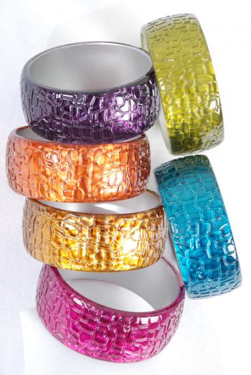 Bracelet Bangle Acrylic Cateye Carved Mirror Finish Multi Color Asst  / 12 pcs = Dozen Multi , Size - 2.75" x 1.25" Wide , 2 of each Pattern Asst , Hang tag & Opp Bag & UPC Code 