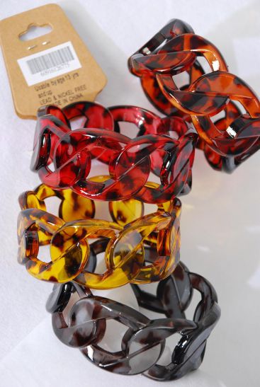 Bracelet Bangle Acrylic Tortoise Chain Design / 12 pcs = Dozen  Size - 2.75" x 1.25" Dia Wide , 3 of each Color Asst , Hang tag & Opp Bag & UPC Code