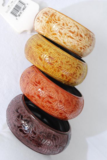 Bracelet Bangle Acrylic Hinge Bohemian Brush Stroke Natural Wood Finish / 12 pcs = Dozen Size - 2.75" x 1.25" Wide , 3 of each Pattern Asst , Hang tag & Opp Bag & UPC Code